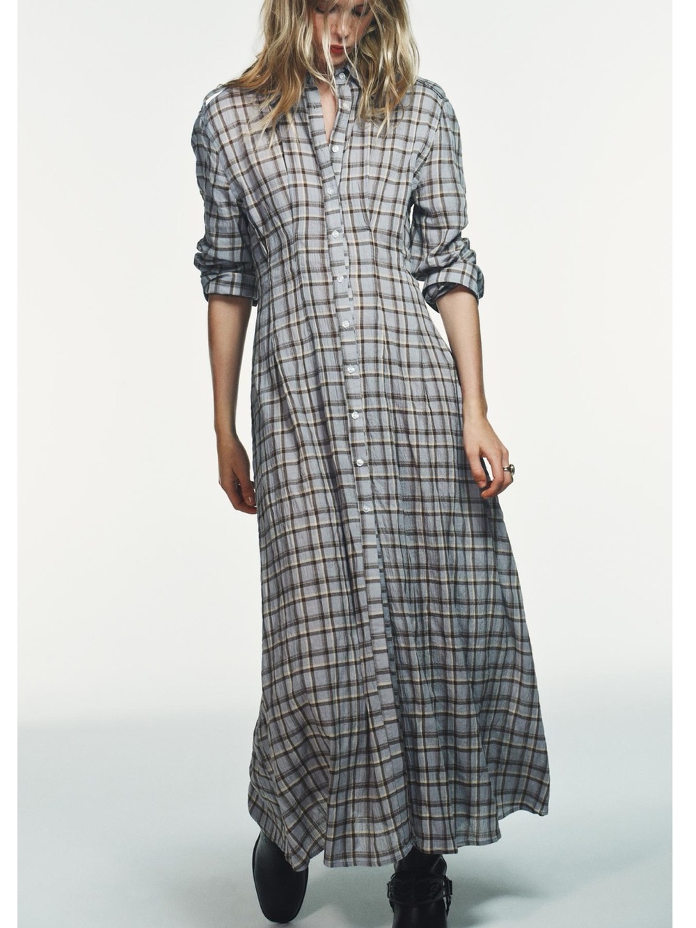 Zara Plaid Shirt Maxi Dress- Brown Blue NWT